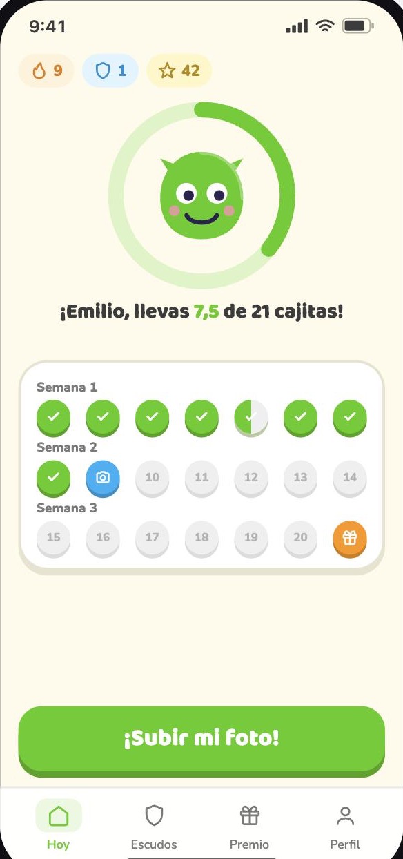 Pantalla de hoy: el compañero Andi dentro de un anillo de progreso y las 21 cajitas del reto
